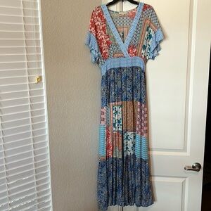 Multi print, multi color maxi dress, short sleeves, v neck, smocked waist